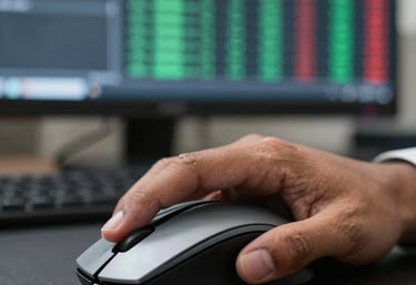 A close-up photograph of a professional's hand using a high-end mouse on a dark desk, with a blurred financial terminal showing green and red market indicators in the background. South Asian office setting.