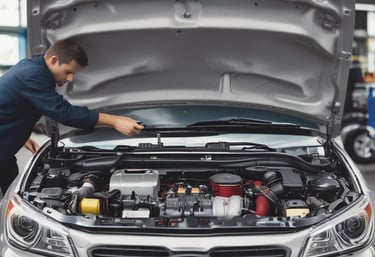 A friendly mechanic inspecting a car engine with jkoreanparts boxes in the background.