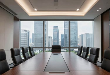 An elegant meeting room in a high-tech office building with a view of a modern city skyline, symbolizing global business and corporate trust, clean professional lighting, East Asian / Chinese architecture.