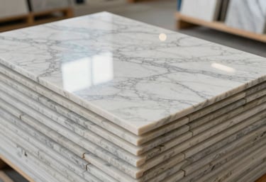 A stack of premium Carrara marble tiles reflecting soft, bright light in a clean, professional North American warehouse setting. High-quality textures and elegant patterns.