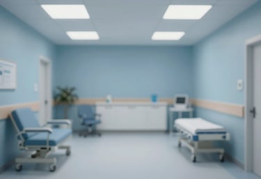 A tranquil patient recovery area within the clinic, designed with sophisticated muted blues (#4A7C8C) and soft lighting to show patient-centric care.