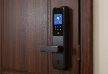 A close-up of a high-tech smart lock and intercom digital screen installed on a modern dark wood door, South American interior style.