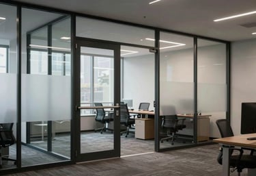A clean, modern office interior in North American &amp;#x2F; US - Pacific Northwest with a sleek glass door and partition.