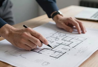 A close-up of a professional architect's hands reviewing detailed building blueprints on a wooden desk in a modern London office.