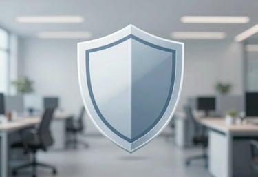 A sleek, semi-transparent digital shield icon over a blurred professional office background, modern and trustworthy, using #F2F4F7 and #33415C tones.