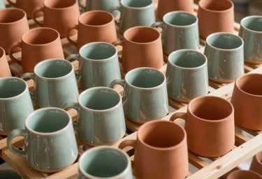 Rows of newly glazed warm terracotta and sage green ceramic mugs drying on wooden drying racks in a sun-lit studio in North America.