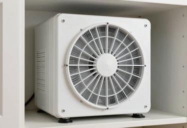 A pristine, newly installed indoor air filtration system inside a utility closet of a North American home. Bright and clean.