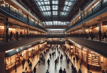 a group of people walking around a mall