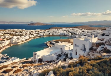 A serene swimming pool on Paros island with crystal-clear water reflecting the bright blue sky and surrounding whitewashed buildings.