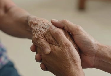 A heart-warming, close-up shot of two hands joined together, a younger volunteer hand and an elderly patient hand, capturing a moment of South American compassion, warm indoor lighting.