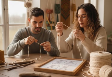 Aprendiendo el arte del macramé: Manos creativas practicando nudos en nuestro taller raiz nativa