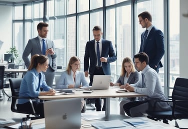 Modern office team collaborating over financial documents with laptops and charts.