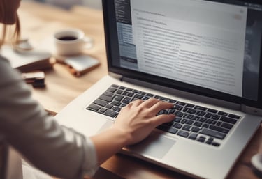 A cozy workspace with a laptop, notebook, and coffee cup, ready for writing.