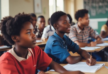 Young students in Ghana attentively learning computer skills in a bright classroom.