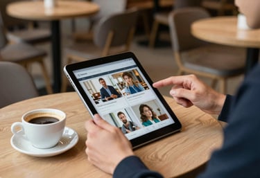 A content creator in a Western European cafe using a tablet to analyze social media engagement while drinking coffee. The table is light-colored wood.