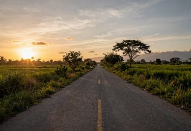 A symbolic photograph of a Latin American rural path at sunset, representing the journey of migration and the pursuit of leadership.