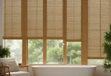 A skilled artisan weaving bamboo blinds in a bright workshop filled with natural light.