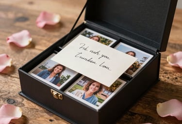 A beautiful high-end lifestyle shot of a premium handcrafted explosion box gift. When opened, it reveals multi-layered, detailed photo slots and sweet handwritten notes. Laid on a rustic wooden table with soft pink rose petals scattered around. Natural warm morning light, rich textures.