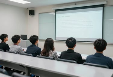 A modern Southeast Asian / Indonesian lecture hall with students focused on a presentation, clean lines, professional atmosphere, pale mist white and muted steel blue colors.
