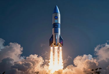An conceptual graphic showing a rocket launch composed of digital data blocks, signifying scalable growth and high performance in SAP solutions, using #0A2239 and #F8F9FA.