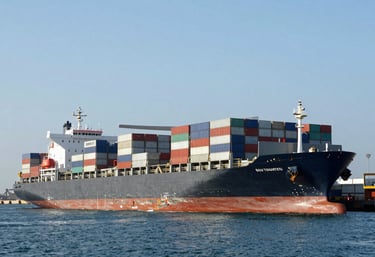A wide photography shot of a large, modern cargo ship being loaded at a bustling South Asian port under a clear, light blue sky. The scene is massive and orderly, representing global reach and logistical strength.