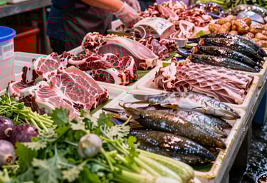 Close-up of fresh produce artfully arranged on a clean, white surface.