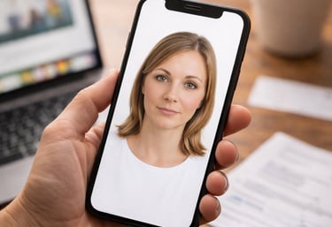 Hand holding a smartphone displaying a professional portrait of a woman during a video call or digital id check.