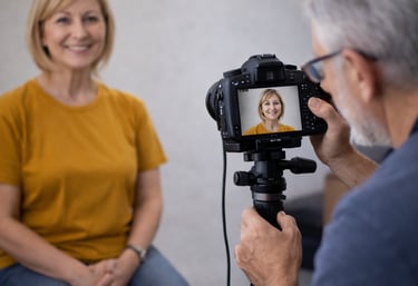 Professional photographer using a DSLR camera on a tripod to take a portrait of a smiling woman.