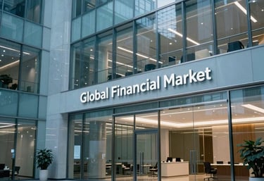 A sharp, professional photograph of a high-tech office lobby with clean glass surfaces and soft, elegant blue lighting. North American / Global Financial Market.