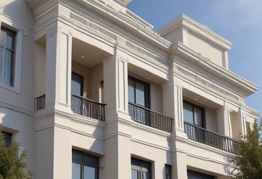 Close-up of a white EPS foam cornice with a smooth reinforced coating installed on a modern building facade.