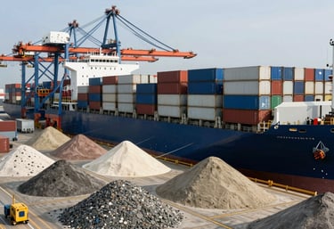 A professional shipping port at midday, massive container ships being loaded with raw mineral commodities, structured and efficient composition, global professional setting.