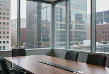 A perspective view of a modern urban boardroom in a North American city, reflecting sophistication, trustworthiness, and large glass windows.