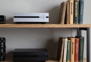 A minimalist shelf in a North American study featuring a neat arrangement of modern gaming consoles and vintage books, symbolizing discovery.