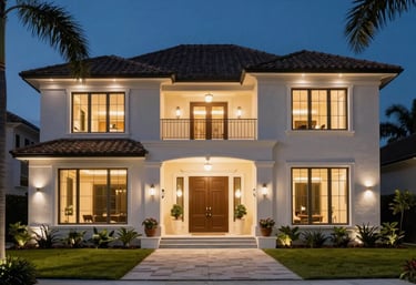 Exterior of a modern North American / US (Florida) luxury home at night, illuminated by expertly designed landscape and architectural lighting.