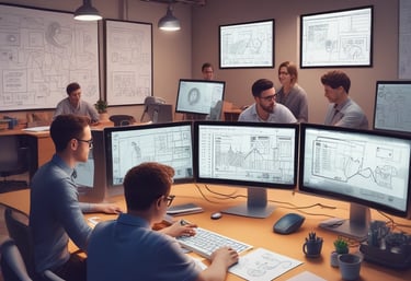 Futuristic office space with blue and violet lighting, showcasing a team collaborating on digital marketing and AI projects.