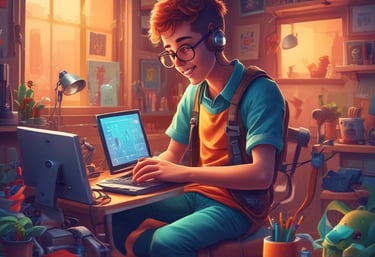 Modern office workspace with people collaborating on AI technology projects.