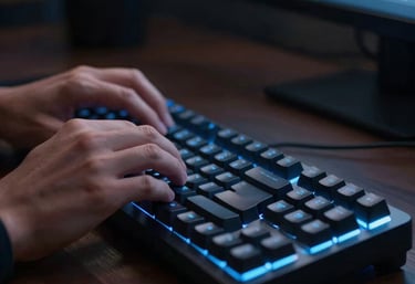 Close-up of a software engineer's hands typing on a mechanical keyboard with subtle sky blue backlighting. The scene is a focused, dark North American home office at night.