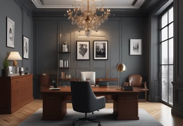 Elegant black and gold office interior with law books and a sophisticated desk setup.