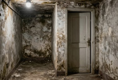 Before-and-after contrast image showing a water-damaged room restored to fresh, clean condition.