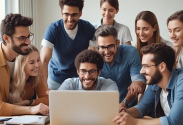 A diverse group of learners participating in a lively virtual language workshop.