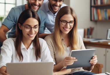 A friendly teacher engaging with students online via a video call on a laptop.