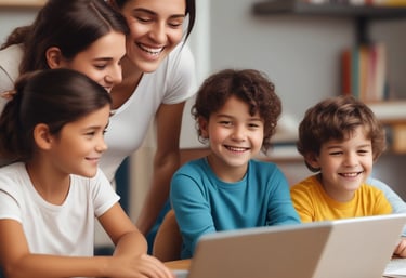 A student engaging in an interactive online English class with a friendly teacher.