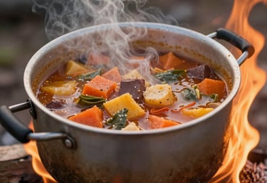 A close-up of fresh ingredients laid out on a wooden board beside a flickering campfire.