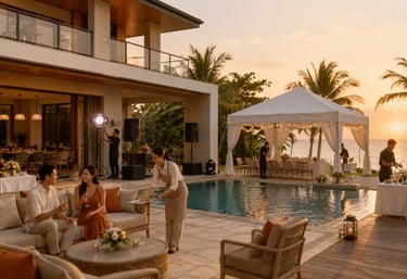 Luxury beach resort outdoor dinner event with a poolside lounge and ocean sunset view.
