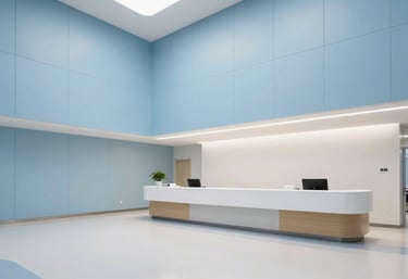An wide-angle shot of a state-of-the-art medical facility interior in the US, featuring clean lines, light sky blue wall panels, and a modern, airy reception area.