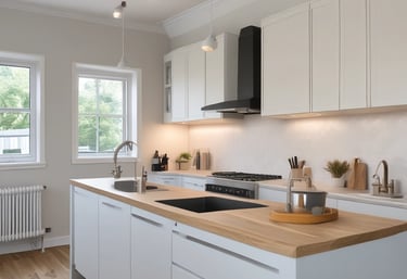 Construction site showing a partially built house with scaffolding and workers.