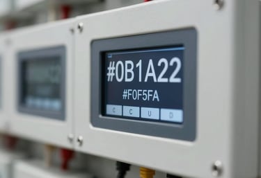 A protection and measurement panel with digital displays showing electrical metrics. Clean, professional look with a focused depth of field. Colors include #0B1A2A and #F0F5F9.
