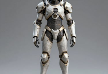 A battle-hardened legionnaire in iron-grey armor stands atop a ruined asteroid base, scanning the horizon with a glowing amber visor.