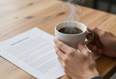 A person's hands holding a steaming cup of coffee while looking at a printed document on a light-colored wooden table. Peaceful and thoughtful mood.