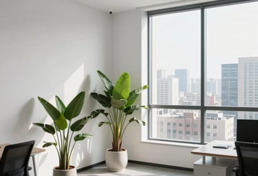 A stylish, modern minimalist office interior with white walls, a few green plants, and a large window looking out onto a bright city scene.